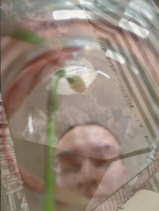 Hinter einer Glas- oder durchscheinenden Oberfläche mit Reflexionen erscheint das Gesicht einer unscharfen Person, im Vordergrund ein grüner Stiel und geometrische Muster.