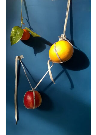 Drei Früchte – eine Mandarine mit Blättern, eine Orange und ein Apfel – sind mit weißen Bändern vor einem blauen Hintergrund aufgehängt.