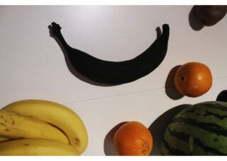 Eine geschwärzte, überreife Banane liegt zwischen frischen Bananen, Orangen, einer Wassermelone und einer Kiwi auf einer weißen Oberfläche.