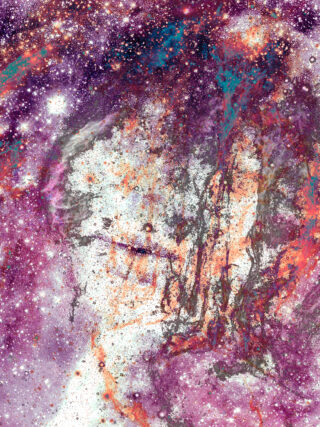 Abstraktes Bild mit einer Mischung kosmischer Elemente, darunter Sterne und nebelartige Muster in Lila-, Rosa- und Weißtönen, die eine vom Weltraum inspirierte, strukturierte Komposition erzeugen.