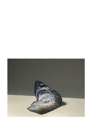 Ein einzelner, unregelmäßig geformter grauer Stein liegt auf einer flachen beigen Oberfläche vor einem schlichten grauen Hintergrund.