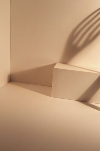 Eine minimalistische Szene mit beigen Wänden, einem rechteckigen Block und dem auf die Oberfläche projizierten Schatten einer Gabel.