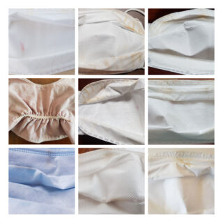 Ein Raster aus neun Nahaufnahmen, die die inneren Stoffauskleidungen verschiedener Arten von Gesichtsmasken zeigen und unterschiedliche Texturen und Materialien hervorheben.