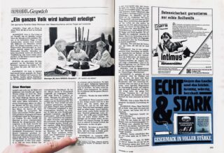 Eine deutsche Zeitschriftenstrecke mit einem Interview auf der linken Seite, in dem drei Personen an einem Tisch sitzen, und Werbung für Produkte wie „intimus“ und „Echt & Stark“ auf der rechten Seite.