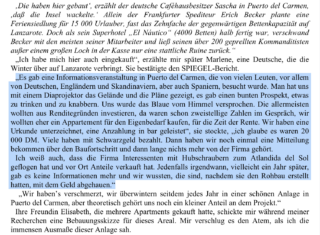 Ein deutschsprachiges Textdokument mit einem hervorgehobenen Abschnitt über eine Informationsveranstaltung in Puerto del Carmen, bei der die Teilnehmer später erfuhren, dass die Bauträger mit ihrem Geld abgehauen waren.