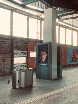 Ein Bahnsteig mit einer Mülltonne mit der Aufschrift „Abfall“, einer Taube in der Nähe und einem Werbedisplay mit dem Gesicht eines jungen Menschen.