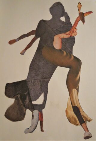 Ein Collage-Kunstwerk, das eine tanzende menschliche Figur zeigt, die aus nicht zueinander passenden Ausschnitten von Armen, Beinen, Händen und Kleidung auf einem schlichten Hintergrund besteht.