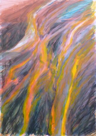 Abstraktes Gemälde mit fließenden orangefarbenen und gelben Streifen auf einem Hintergrund aus wirbelnden Lila-, Blau- und Brauntönen.