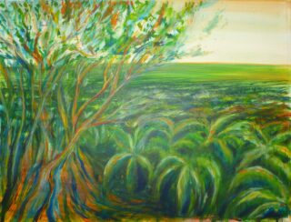 Ein farbenfrohes Gemälde zeigt eine üppig grüne Landschaft mit hohen Bäumen im Vordergrund und dichtem Laub, das sich in die Ferne erstreckt.