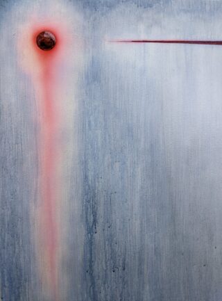 Eine strukturierte Oberfläche mit einer roten Kugel oben links, die einen vertikalen roten Streifen nach unten aussendet, und einer kurzen horizontalen roten Linie oben rechts.