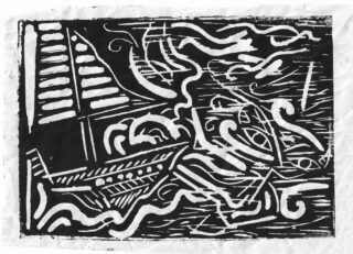 Schwarz-weißer Linolschnitt, der ein abstraktes Segelboot auf welligem Wasser mit wirbelnden Linien und geometrischen Formen darstellt.