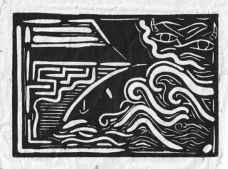 Schwarzweißer Linolschnitt eines Wals in Wellen, geometrische Muster auf der linken Seite und ein Paar stilisierter Augen mit Hörnern in der oberen rechten Ecke.