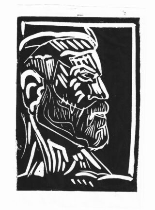 Schwarzweißer Linolschnitt eines bärtigen Mannes im Profil nach rechts, mit kräftigen, eckigen Linien und starkem Kontrast.