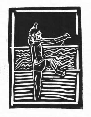 Schwarzweiß-Linolschnitt einer Person, die mit einem erhobenen und gebeugten Arm dasteht und auf wellenförmige horizontale Linien blickt, die Wasser oder Bewegung innerhalb eines rechteckigen Rahmens andeuten.
