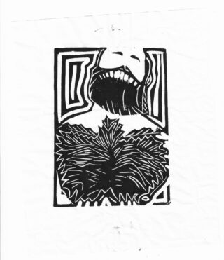 Schwarzweißer Linolschnitt eines stilisierten bärtigen Gesichts über einer Blattpflanze oder einer abstrakten Form, umgeben von geometrischen Randlinien.