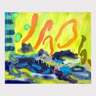 Abstraktes Gemälde mit kräftigen orangefarbenen Formen, blauen und grünen Akzenten, dunklen Wellenformen und einem gelben Hintergrund mit vertikalen blaugrünen Streifen auf der linken Seite.