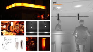 Eine Collage zeigt Beleuchtungskonzepte, Skizzen und Renderings für Bars mit leuchtend orangefarbenen Barschildern, Innenaufnahmen, technischen Diagrammen und einer 3D-Visualisierung einer Barszene in Graustufen.