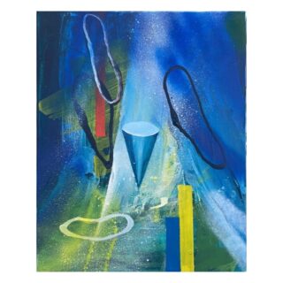 Abstraktes Gemälde mit einem blauen Kegel in der Mitte, umgeben von schwarzen und weißen Schleifen, roten und gelben Rechtecken und einem blauen Hintergrund mit grünen und weißen Akzenten.