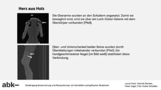 Schwarzweiß-Diagramm einer Holzfigur mit auf Gelenke zeigenden Pfeilen, das Methoden zum Verbinden von Armen und Beinen mit Dübeln und Nägeln zeigt, begleitet von einem deutschen Erklärungstext.