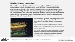 Mikroskopischer Querschnitt einer Farbprobe einer gekrönten Madonna-Skulptur aus Bronze. Er zeigt mehrere Farbschichten mit kurzen Phasenbeschreibungen auf der rechten Seite.