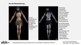 Nebeneinandergestellte Bilder einer gekreuzigten Figur: links ist die matte, unrestaurierte Skulptur zu sehen; rechts ist dieselbe unter UV-Licht zu sehen, wobei verschiedene Schäden und Materialunterschiede hervorgehoben werden.