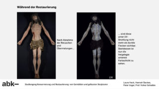 Zwei Fotos einer bemalten Christusskulptur: links ist die Figur nach dem Entfernen der Farbe zu sehen; rechts ist die Figur unter UV-Licht zu sehen, wodurch dunkle Flecken und die ursprüngliche Farbschicht sichtbar werden.