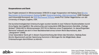 Eine Folie mit dem Titel „Kooperationen und Dank“ beschreibt die Projektzusammenarbeit und Danksagungen und listet Institutionen, Beitragende und Partner auf, die an der Forschung zur Kunstkonservierung beteiligt sind.