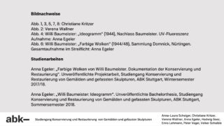 Eine Liste mit Referenzen und studentischen Abschlussarbeiten zu den Werken, der Konservierung und Restaurierung von Willi Baumeister, angezeigt auf weißem Hintergrund mit Buchstaben und Autorennamen am unteren Rand.