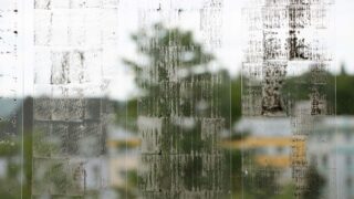 Nahaufnahme eines Glasfensters mit vertikalen Schmutzstreifen, die den unscharfen Blick auf Bäume und Gebäude draußen teilweise verdecken.