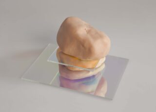 Ein beiges, unregelmäßig geformtes Objekt liegt auf einer quadratischen Glasplatte, die das Objekt reflektiert und schillernde Farben auf einer hellgrauen Oberfläche zeigt.