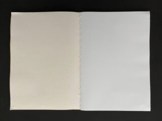 Vor einem schwarzen Hintergrund ist ein offenes Buch mit leeren, weißen Seiten zu sehen.