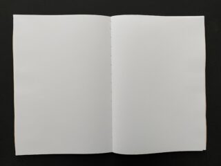 Ein offenes, leeres Buch liegt flach auf einer dunklen Oberfläche und zeigt zwei leere weiße Seiten.