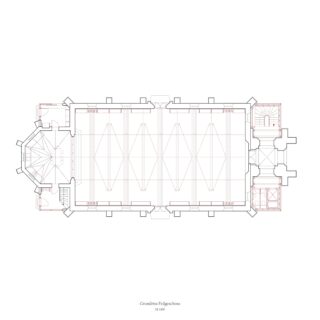 Architektonischer Grundriss eines rechteckigen Gebäudes mit Eingang und Nebenräumen rechts und apsisartigem Aufbau links; bezeichnet mit „Grundriss Erdgeschoss“.