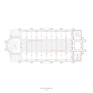 Architektonischer Grundriss eines Obergeschosses mit Räumen, Fluren, Treppenhäusern und detaillierten Strukturelementen, auf Deutsch als „Grundriss Obergeschoss“ bezeichnet.