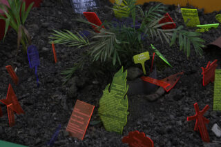 Eine kleine Topfpflanze steht in dunkler Erde, umgeben von bunten, durchscheinenden Acrylschildern mit Texten in verschiedenen Formen.