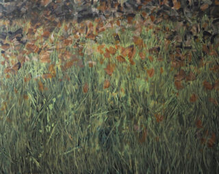 Gezeigt wird ein Feld mit hohem grünem Gras, auf dem trockene braune Blätter verstreut liegen. Das Bild weist einen malerischen, strukturierten Stil auf.