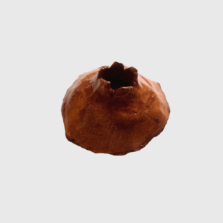 Ein braunes, unregelmäßig geformtes Keramikobjekt mit einer hohlen Öffnung an der Oberseite, das vor einem schlichten weißen Hintergrund präsentiert wird.