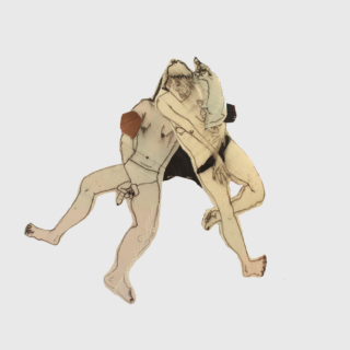 Zwei nackte, abstrakt gezeichnete menschliche Figuren sind in einer Ring- oder Tanzpose vor einem schlichten weißen Hintergrund ineinander verschlungen.