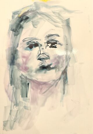 Ein locker gemaltes Aquarellporträt einer Person mit undeutlichen, weichen Gesichtszügen und neutralem Ausdruck auf hellem Hintergrund.