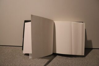 Ein offenes Buch mit leeren weißen Seiten steht aufrecht auf einer strukturierten Oberfläche vor einem schlichten Hintergrund.