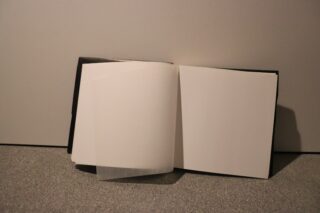 Ein offenes, leeres Buch mit weißen Seiten und einem durchscheinenden Blatt, auf einer grauen Oberfläche vor einem schlichten Hintergrund.