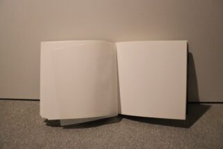 Ein offenes, leeres Buch mit mehreren leeren weißen Seiten liegt auf einer grauen Fläche vor einem schlichten, hellen Hintergrund.