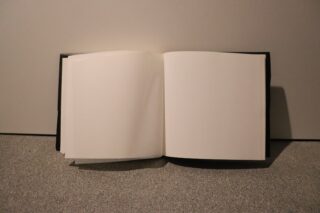 Ein offenes Buch liegt auf einer grauen Oberfläche und zeigt leere weiße Seiten ohne Text oder Bilder.