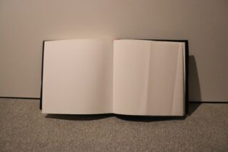 Auf einem Teppichboden liegt ein offenes Buch mit leeren Seiten, wobei eine Seite auf der rechten Seite leicht geknickt ist.