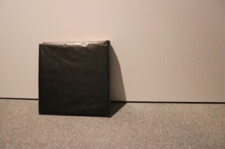 Ein schwarzes, quadratisches Objekt, das auf einem grauen Teppichboden an einer schlichten beigen Wand lehnt.