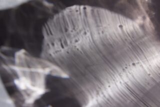 Nahaufnahme einer zerkratzten und verschmierten durchscheinenden Oberfläche, die vertikale und horizontale Linien mit verstreuten kleinen Vertiefungen zeigt.