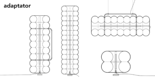 Schwarzweiße technische Zeichnung eines modularen, zylindrischen Objekts mit dem Titel „Adapter“, dargestellt aus mehreren Winkeln und Perspektiven.