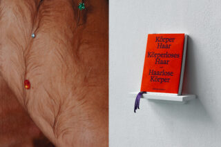 Nahaufnahme eines behaarten Körperteils mit farbigen Nadeln auf der linken Seite; rotes Buch mit dem Titel „Körper Haar, Körperloses Haar, Haarlose Körper“ auf einem kleinen weißen Regal auf der rechten Seite.