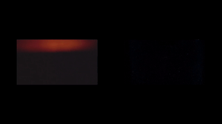 Zwei rechteckige Bilder auf schwarzem Hintergrund: Das linke Bild zeigt einen verschwommenen Farbverlauf zwischen Orange und Dunkel, das rechte Bild zeigt ein überwiegend schwarzes Feld mit schwachen weißen Flecken.