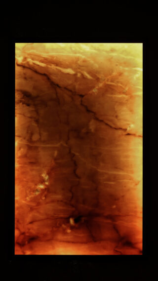 Rechteckige Platte aus orange- und bernsteinfarbenem Stein mit sichtbaren Adern und Marmorierung, von hinten beleuchtet vor schwarzem Hintergrund.